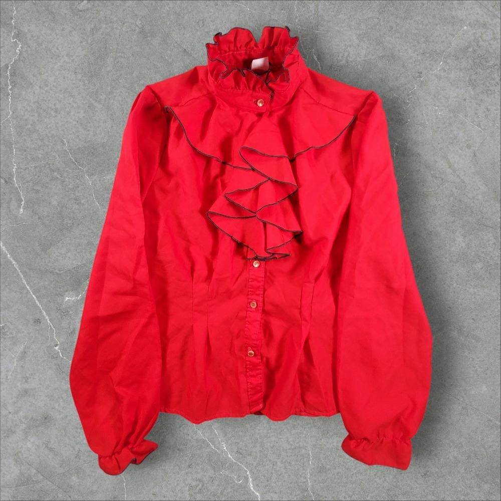 Rio Ruffle Blouse Womens Large Red Vintage Victorian Jabot Long Sleeve Gothic